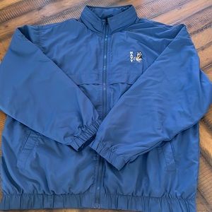 Blue zip up windbreaker with navy logo and hidden hood. Worn once! Size large.